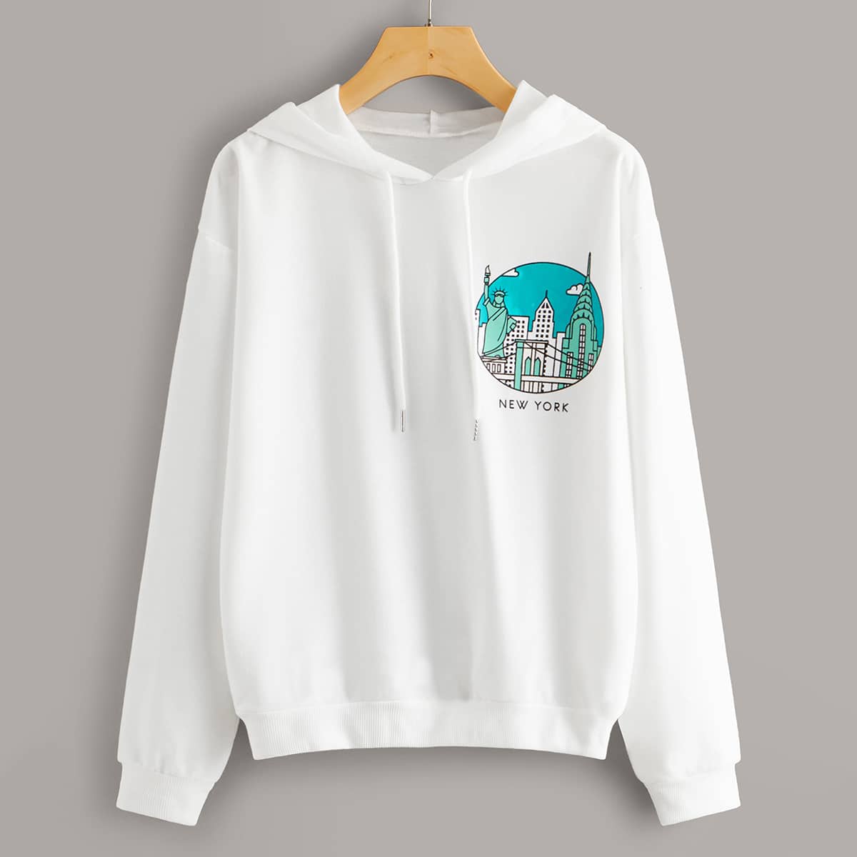 

Statue Of Liberty & Letter Graphic Drawstring Hoodie, White
