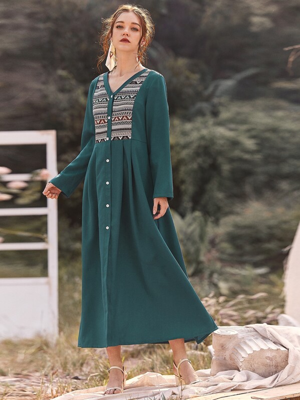 

Aztec Print Button Through Dress, Green, Poly