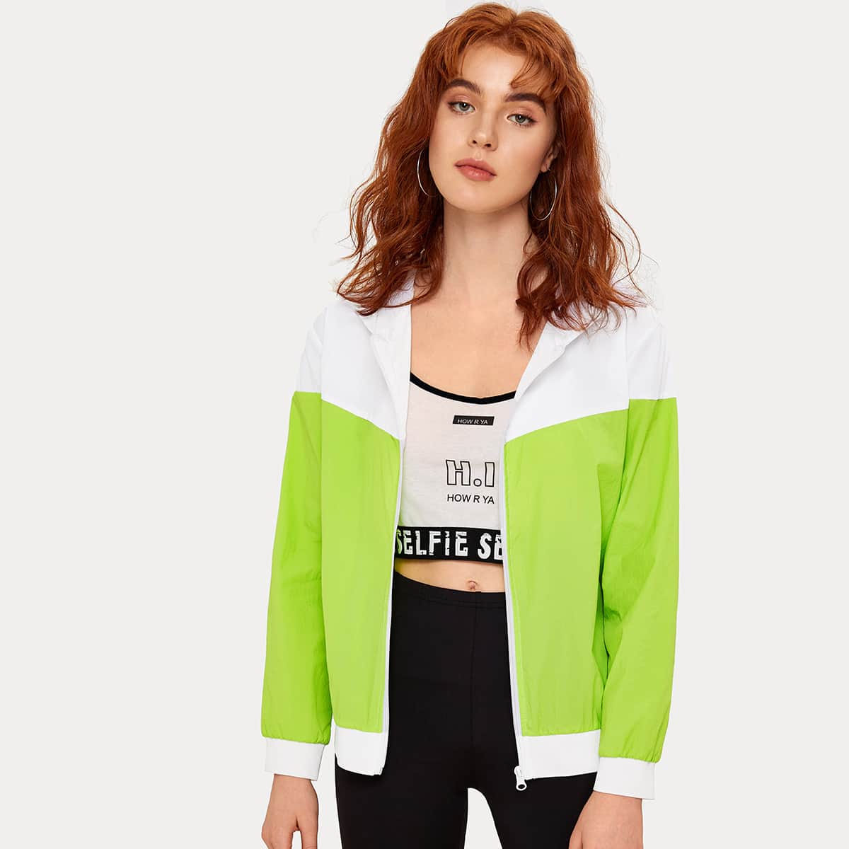 

Two Tone Zip-up Hooded Windbreaker Jacket, Multicolor