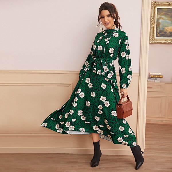 

Floral & Dalmatian Print Belted Dress, Green