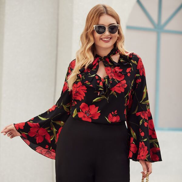 

Plus Tie Neck Flounce Sleeve Floral Print Blouse, Multicolor