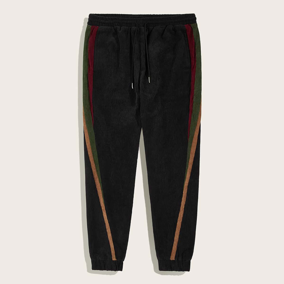 

Guys Color-block Drawstring Waist Corduroy Sweatpants, Black