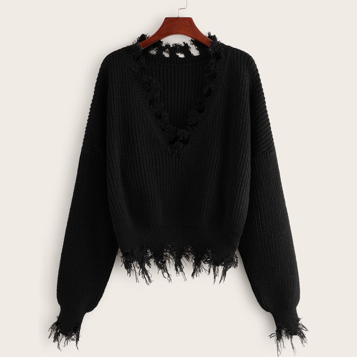 

Frayed Trim Drop Shoulder Sweater, Black