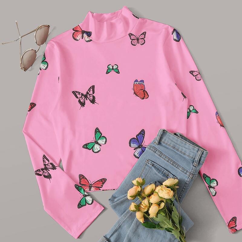 

Butterfly Print Stand Collar Tee, Pink