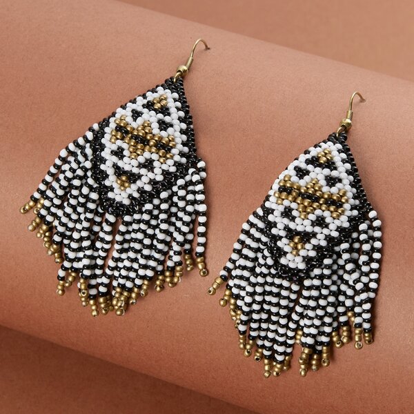 

1pair Aztec Diamond Pattern Beaded Fringe Earrings, Multicolor