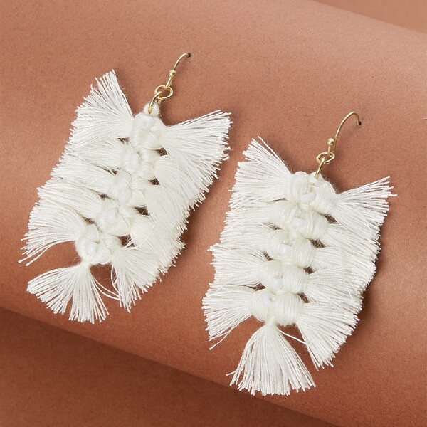 

1pair Double Sided Fringe Tassel Earrings, White