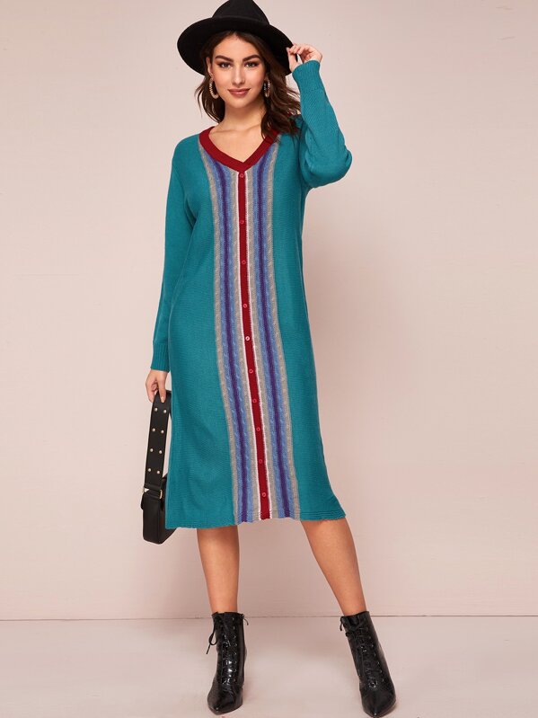 Button Detail Striped Sweater Dress, Blue, MARTINA