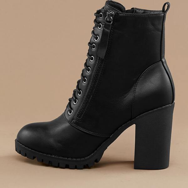 

Lace Up Lug Sole Chunky Heel Combat Boots, Black
