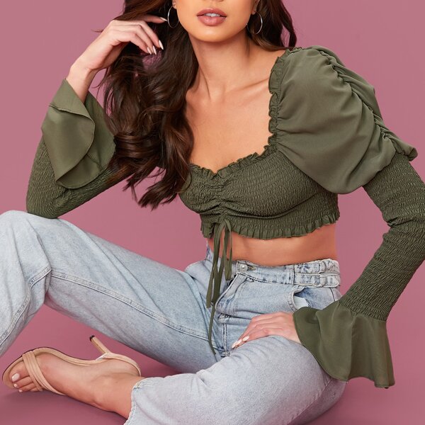

Ruffle Trim Long Sleeve Ruched Smocked Crop Top, Army green