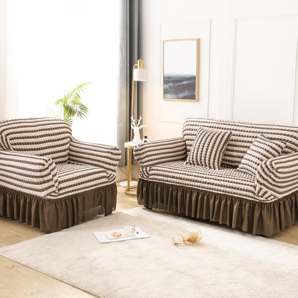

1pc Stripe Pattern Stretchy Sofa Cover, Coffee