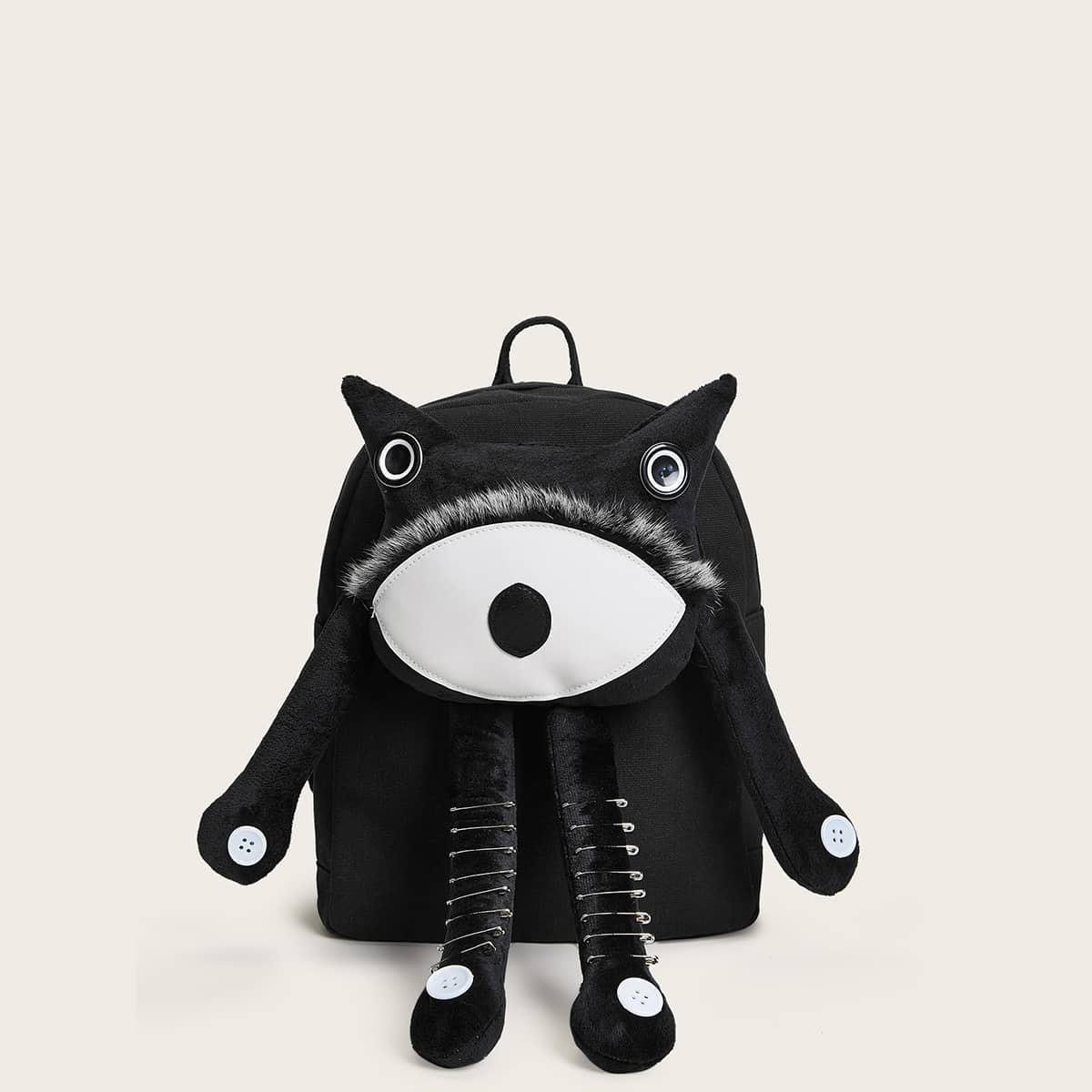 

Cartoon Design Button Decor Backpack, Black