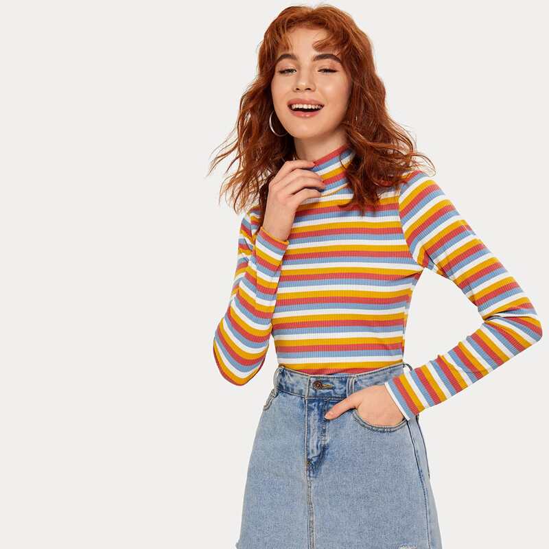 

Multi-striped Stand Collar Tee, Multicolor