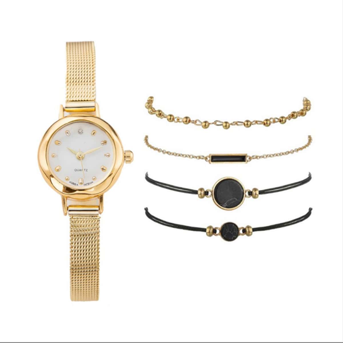 

1pc Mesh Strap Quartz Watch & 4pcs Bracelet