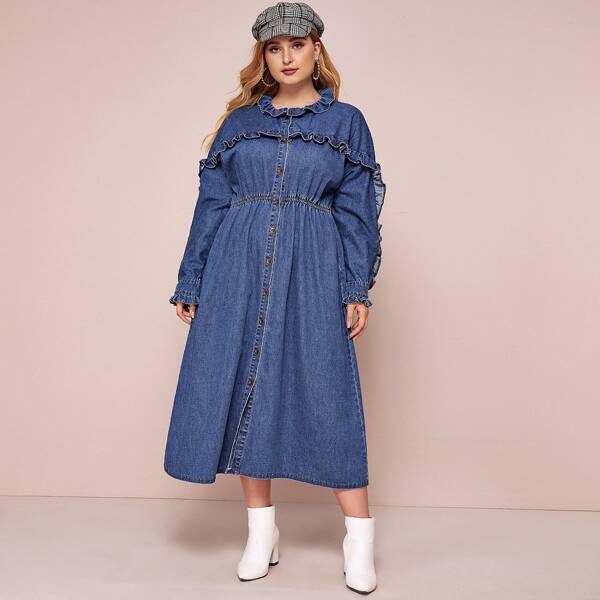 

Plus Frill Trim Gathered Waist Denim Shirt Dress, Blue