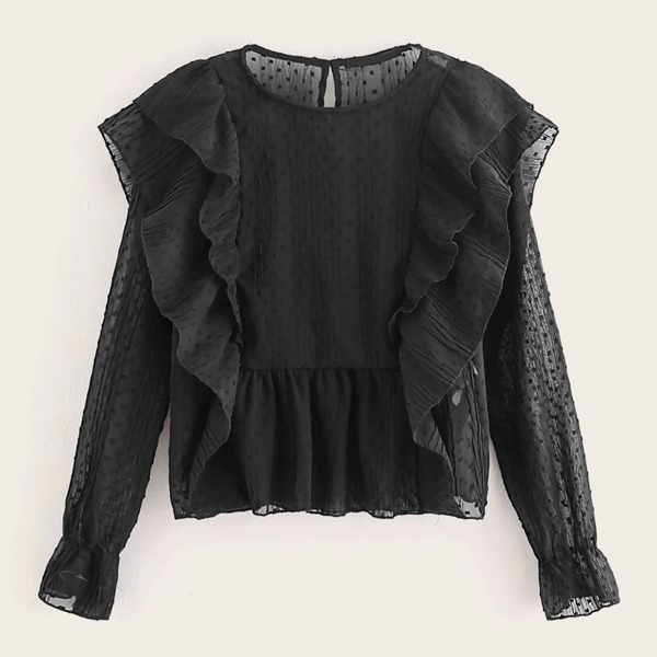 

Swiss Dot Ruffle Trim Blouse, Black