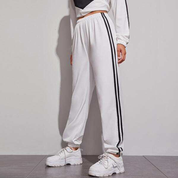 

Striped Side Elastic Waist Sports Pants, White