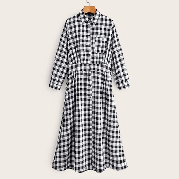 

Gingham Button Up Shirt Dress, Black and white