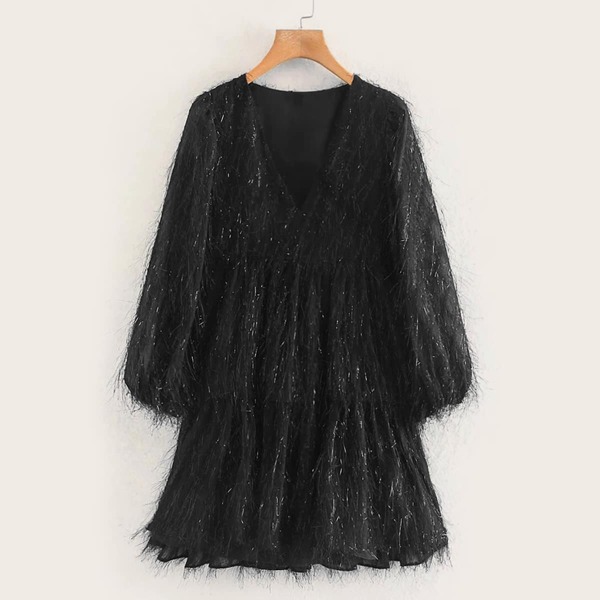 

V-Neck Shaggy Flare Hem Dress, Black