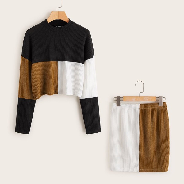 

Drop Shoulder Colorblock Rib-knit Top & Skirt Set, Multicolor