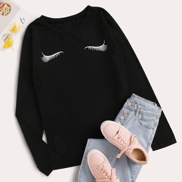 

Plus Eyelash Print Long Sleeve Tee, Black