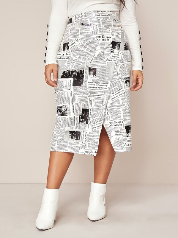

Plus Newspaper Print Wrap PU Skirt, Black and white, Emilie