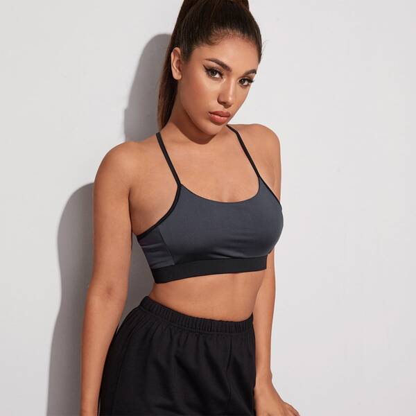 

Contrast Trim Racer Back Sports Bra, Grey