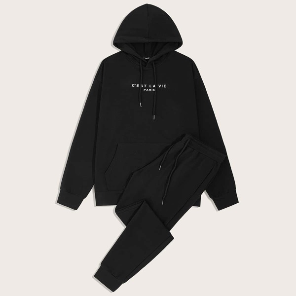 

Men Slogan Graphic Pocket Front Hoodie and Joggers Set, Black