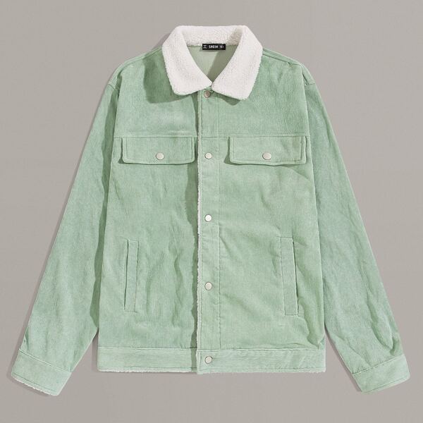 

Men Fleece Collar Cord Overshirt, Green pastel
