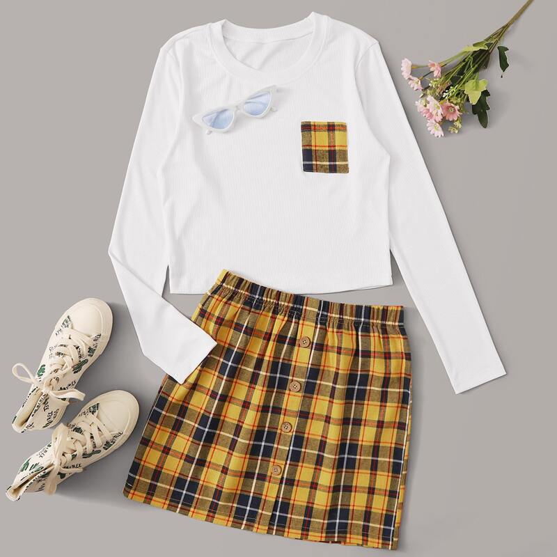 

Tartan Plaid Rib-Knit Tee With Button Front Straight Skirt, Multicolor