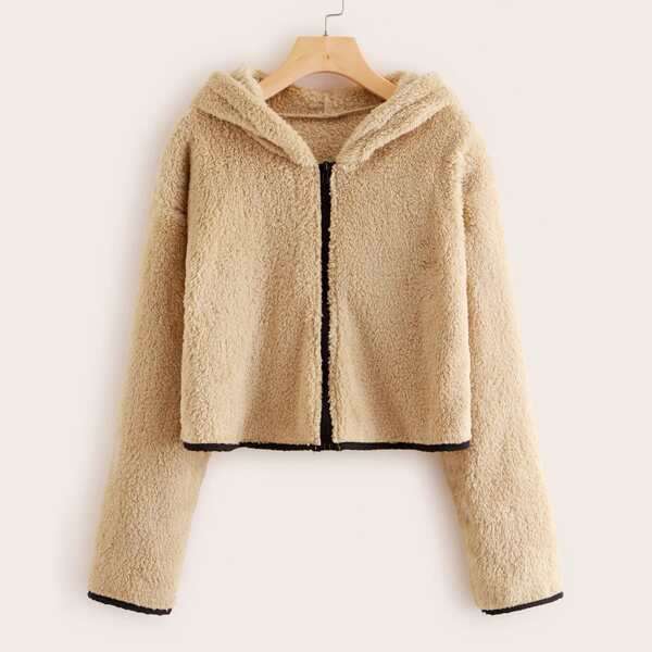 

Zip Up Contrast Trim Hooded Teddy Jacket, Khaki