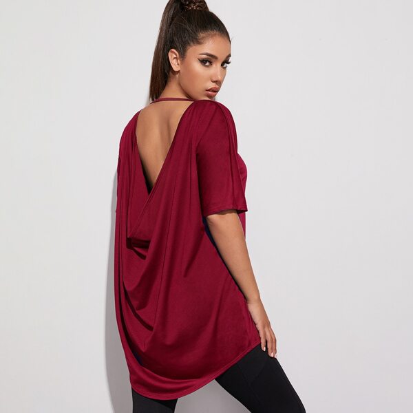 

V-cut Back Draped Sports Tee, Burgundy