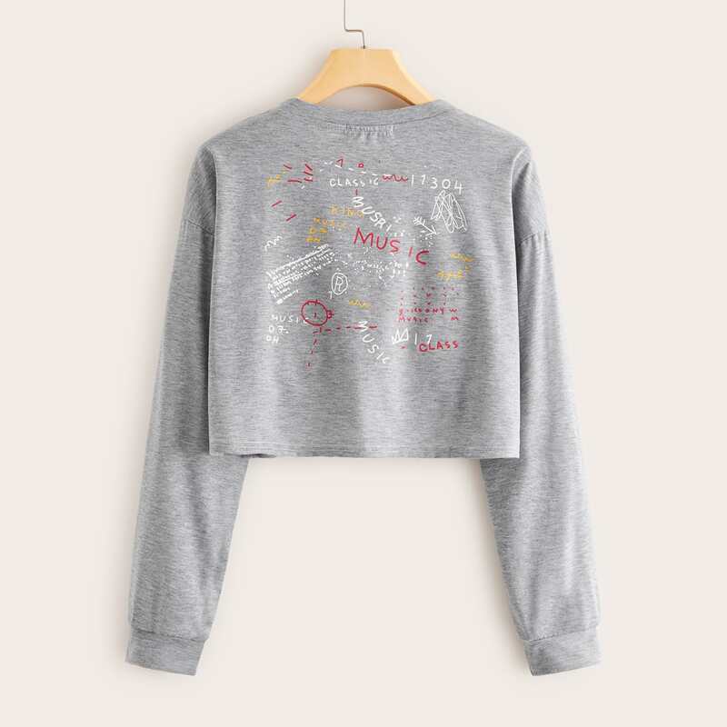 

Letter Graphic Long Sleeve Crop Tee, Grey