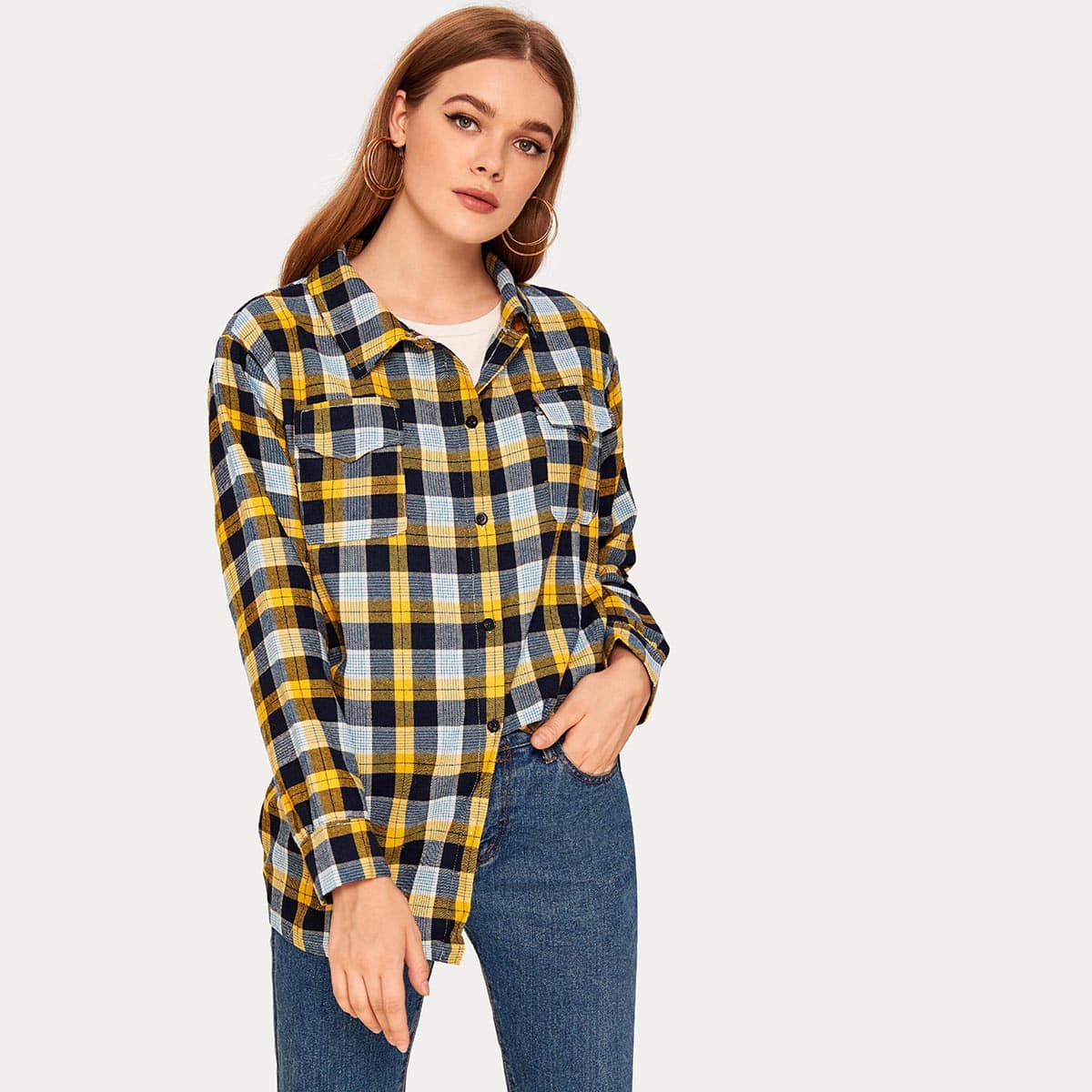 

Tartan Flap Pocket Front Blouse, Multicolor
