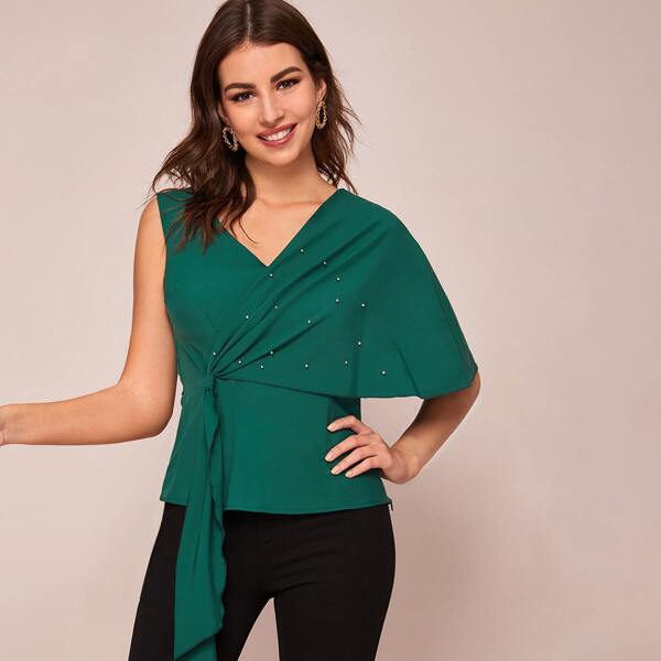

Beaded Detail Draped Front Cape Top, Green