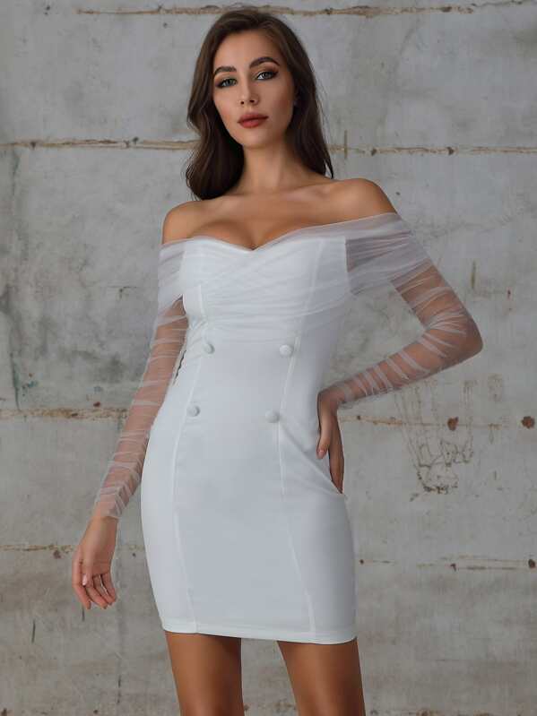 

Double Crazy Off Shoulder Mesh Sleeve Bodycon Dress, White, Hanna