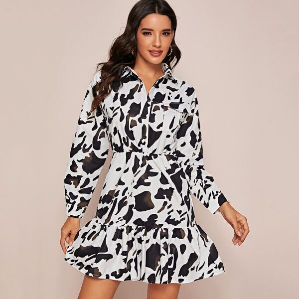 

Ruffle Hem Cow Print Shirt Dress, Black and white