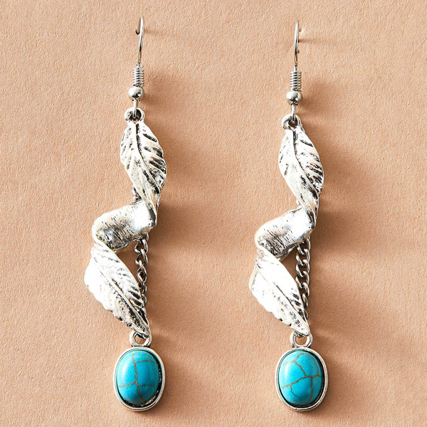 

1pair Twist Feather & Turquoise Drop Earrings, Multicolor