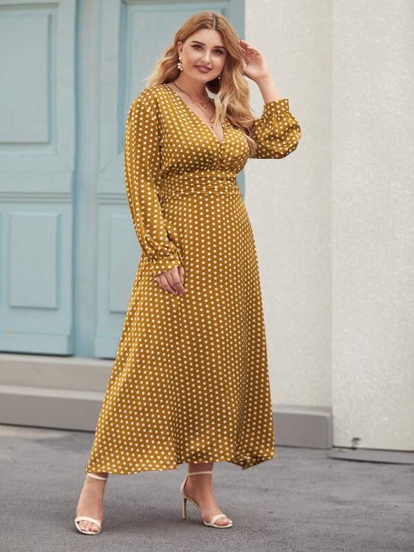 

Plus Plunge Neck Polka Dot Split Thigh Dress, Yellow, Nora