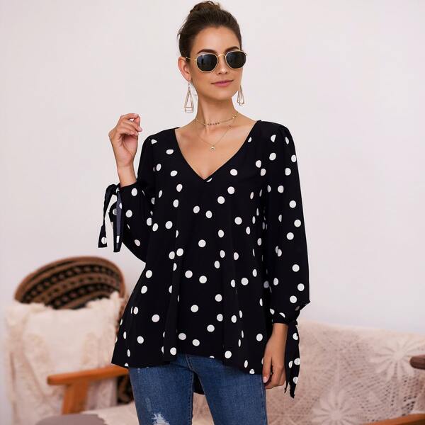 

Polka Dot Knotted Cuff Blouse, Black