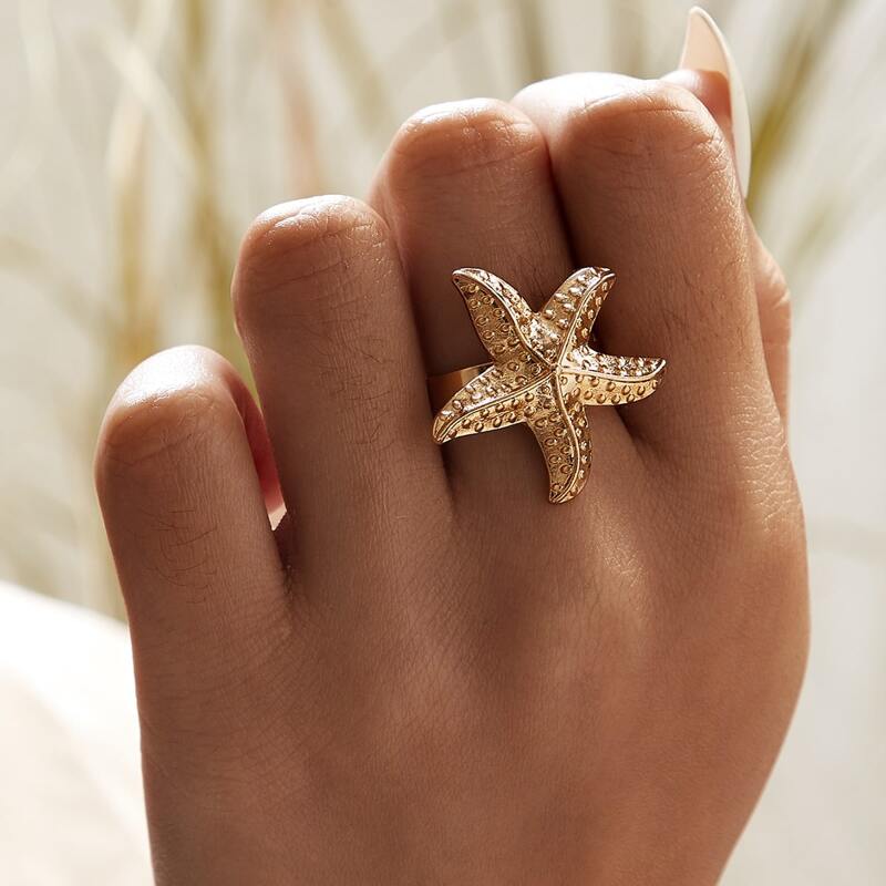 

1pc Textured Starfish Decor Ring, Gold