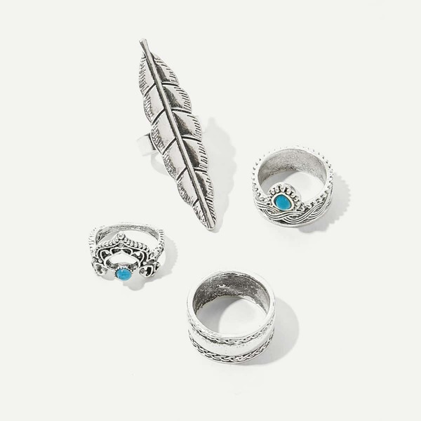 

4pcs Leaf Decor Vintage Ring, Silver