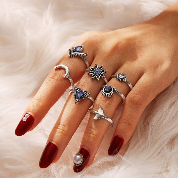 

7pcs Sun & Triangle Decor Ring, Silver