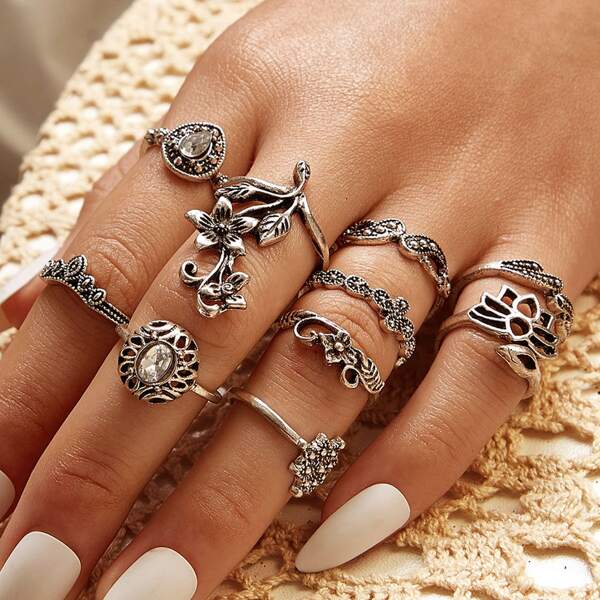 

10pcs Flower Decor Vintage Ring, Silver