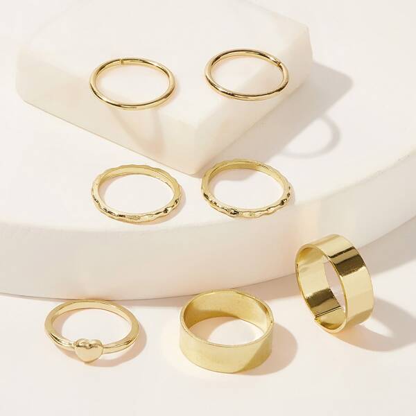 

7pcs Heart Decor Ring, Gold