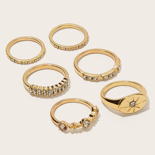 

6pcs Rhinestone Engraved Ring, Gold