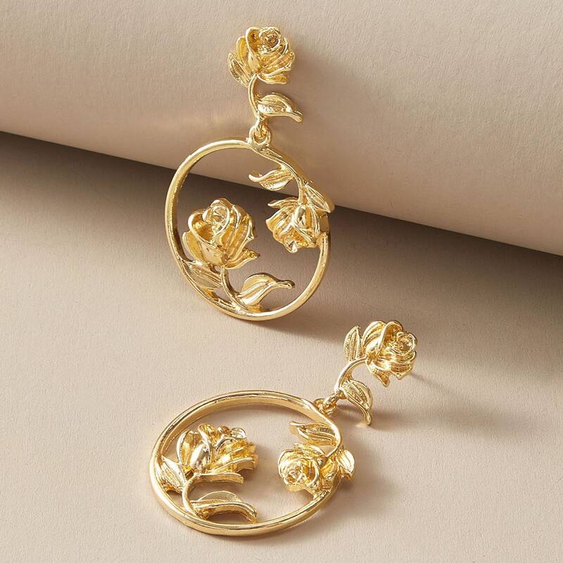 

1pair Rose Decor Round Drop Earrings, Gold