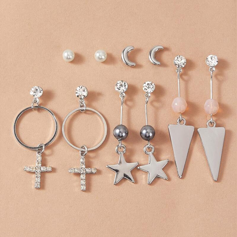 

5pairs Star & Cross Decor Earrings, Silver
