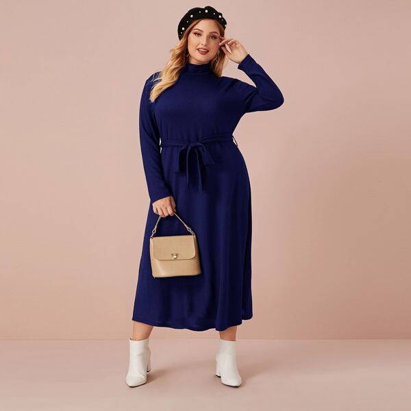 

Plus Solid Mock Neck Belted Sweater Dress, Navy