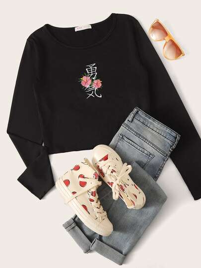 Schwarz Stickerei Geblümt  Lässig T-Shirts