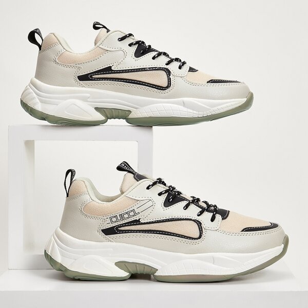 

Men Lace-up Front Mesh Panel Chunky Sneakers, Beige